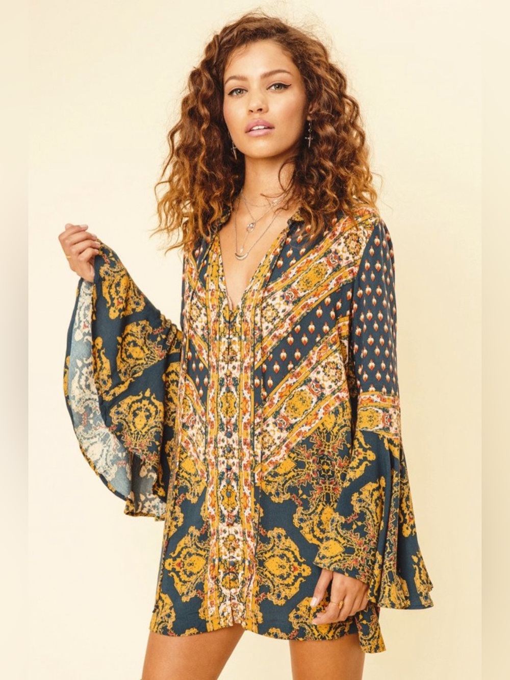 Bohemian Floral Print Bell-Sleeve Tunic Dress - Teal & Mustard